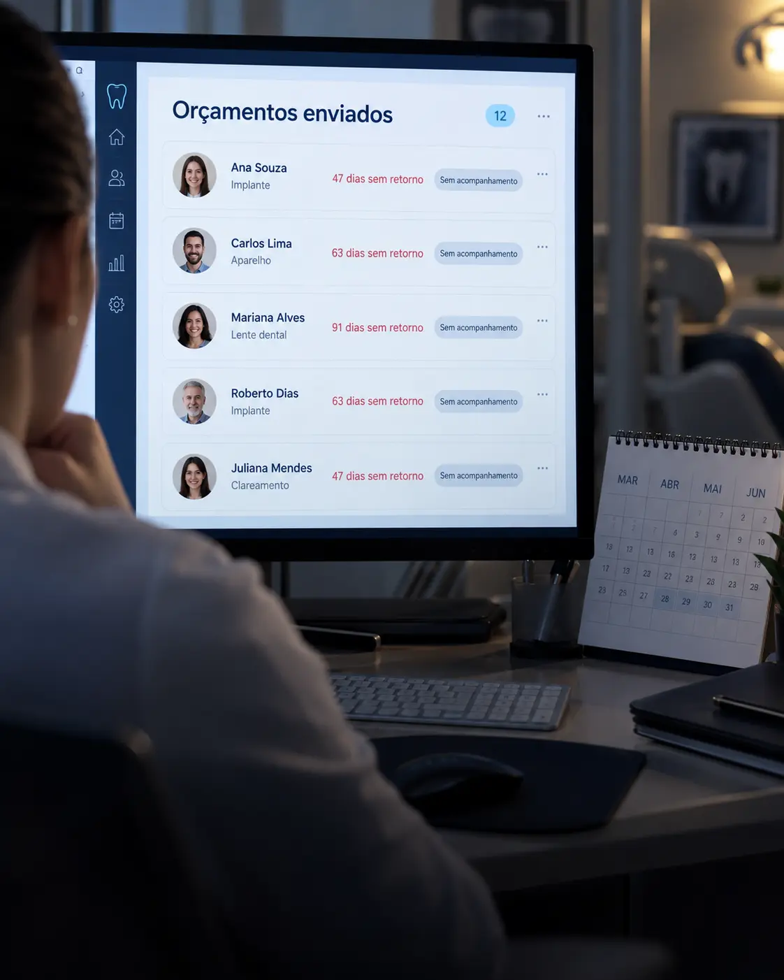 Painel comercial com orçamentos odontológicos parados há semanas sem acompanhamento